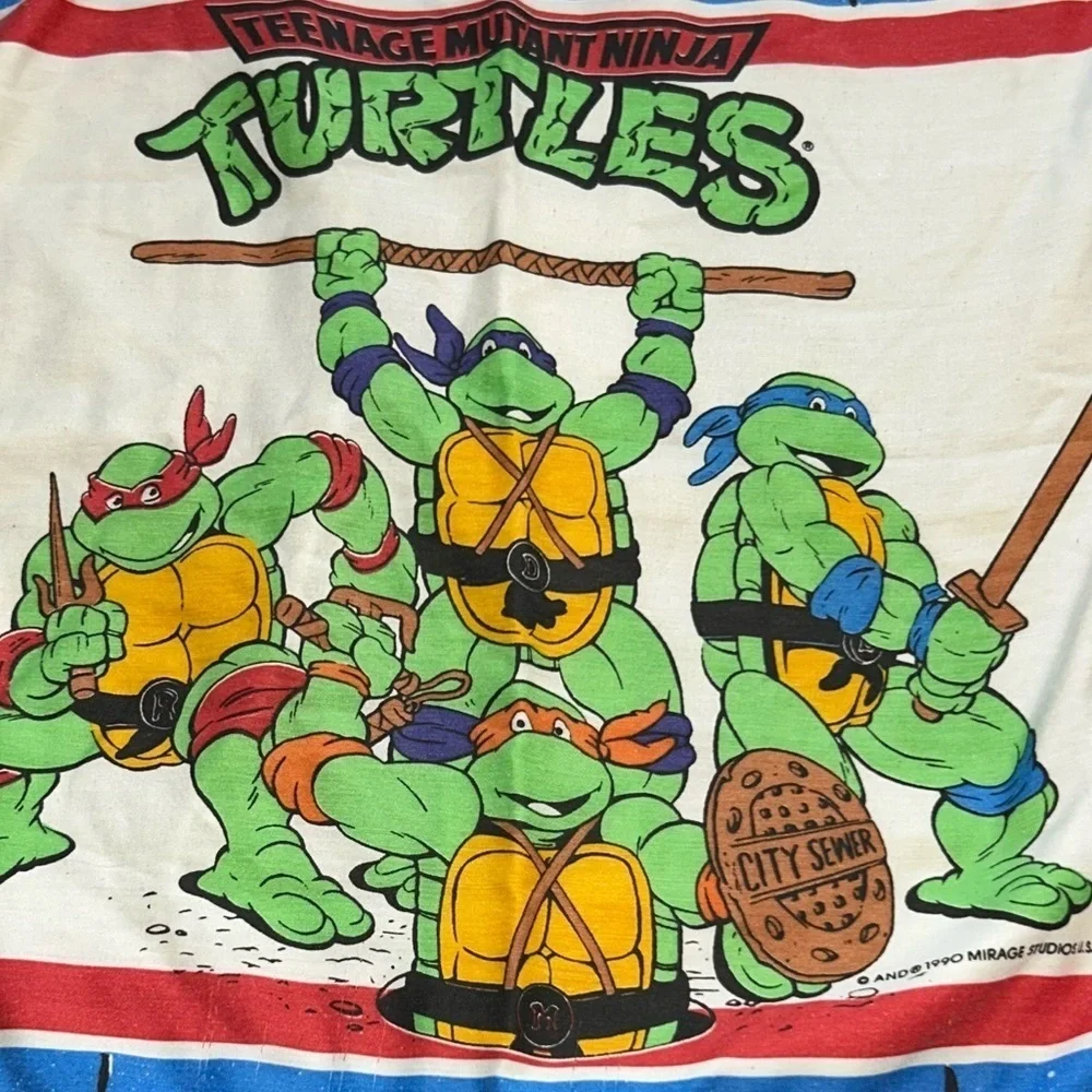 Vintage 1990 Twin Sheet Set Flat Fitted Pillowcase Teenage Mutant Ninja Turtles